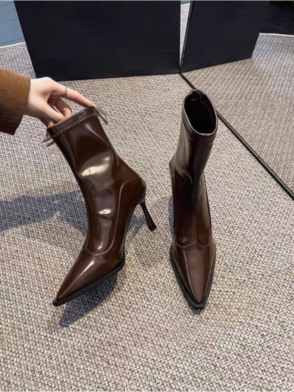 Pointed Toe High-Heel Ankle Boots in Dark Brown